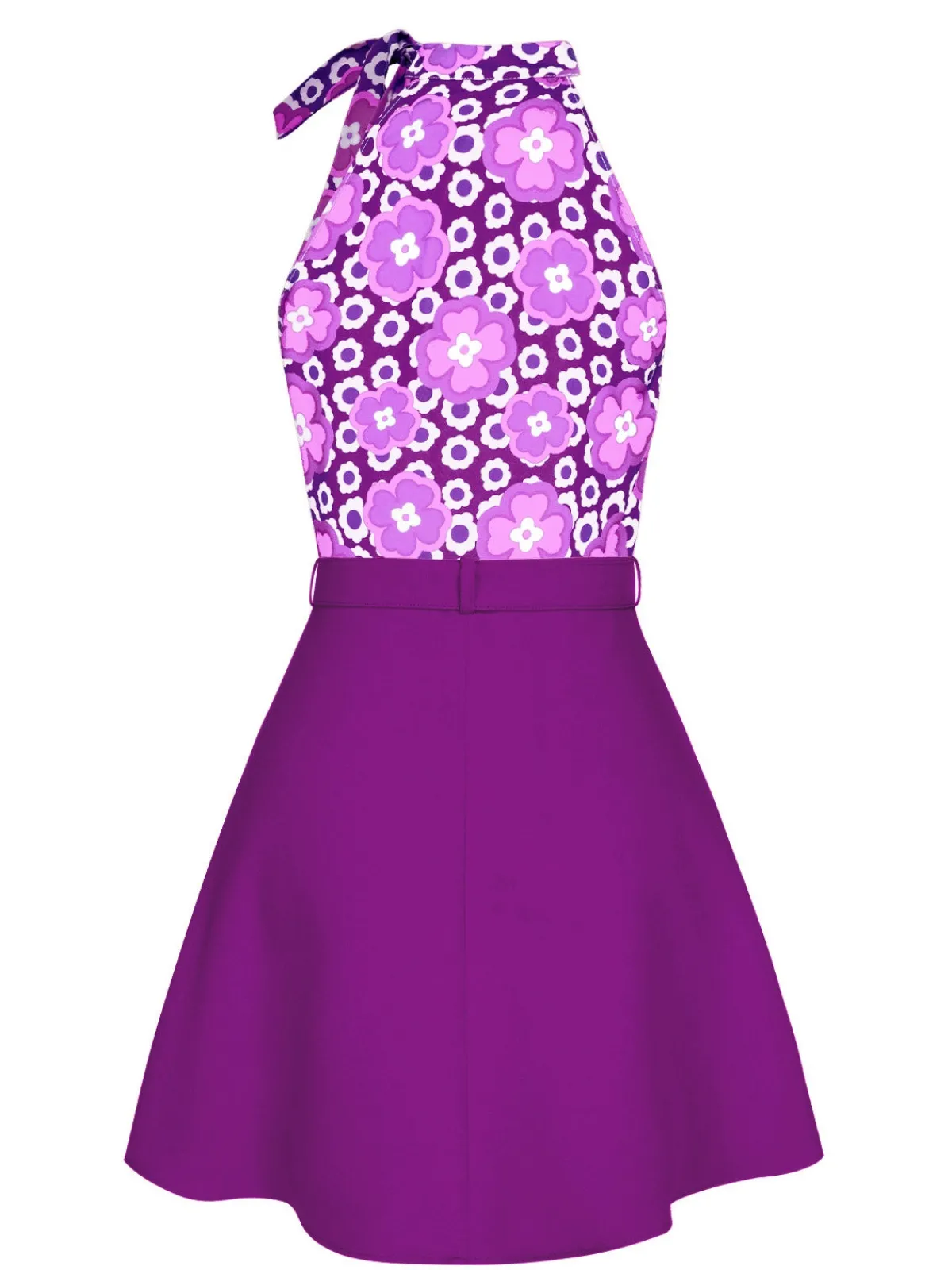 Fashion Retro Stage 2PCS 1960s Tie Neck Floral Top & Button Solid Skirt