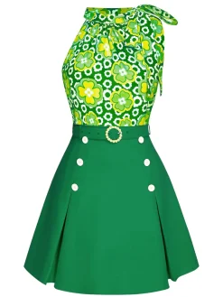 Fashion Retro Stage 2PCS 1960s Tie Neck Floral Top & Button Solid Skirt