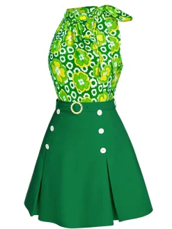 Fashion Retro Stage 2PCS 1960s Tie Neck Floral Top & Button Solid Skirt