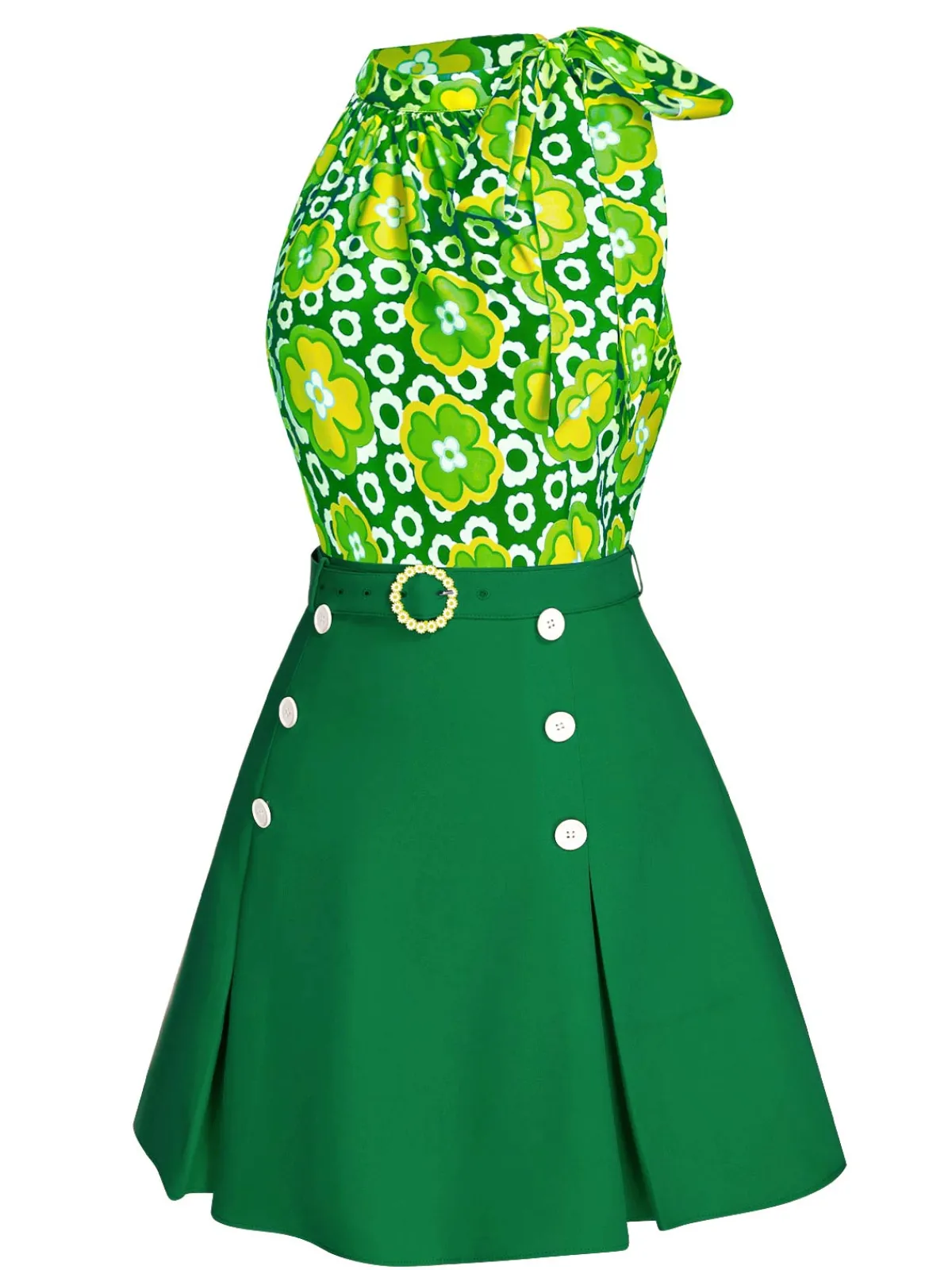 Fashion Retro Stage 2PCS 1960s Tie Neck Floral Top & Button Solid Skirt