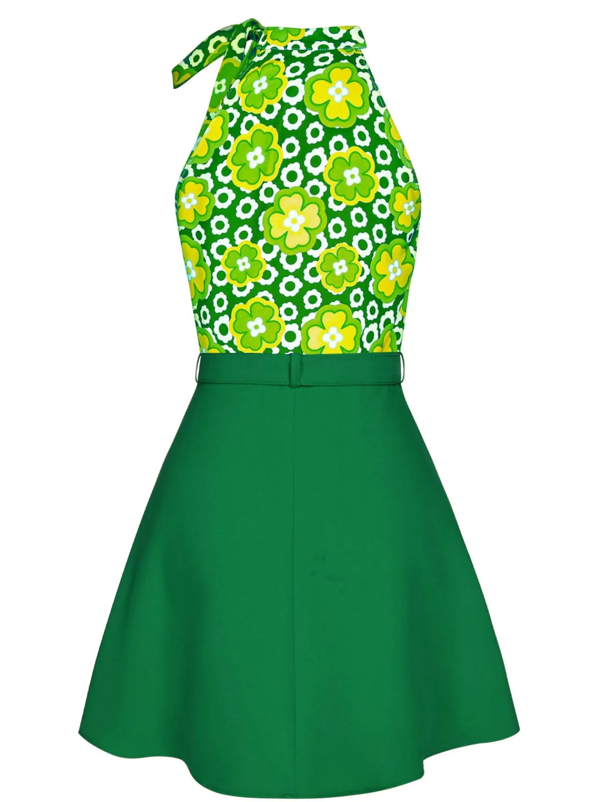 Fashion Retro Stage 2PCS 1960s Tie Neck Floral Top & Button Solid Skirt
