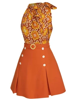 Fashion Retro Stage 2PCS 1960s Tie Neck Floral Top & Button Solid Skirt