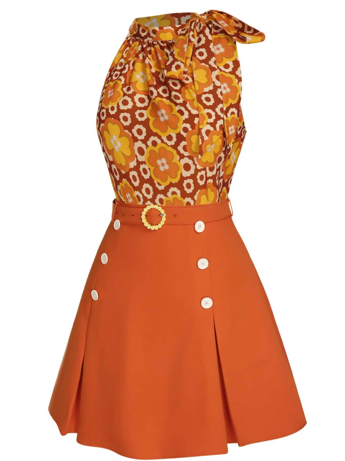 Fashion Retro Stage 2PCS 1960s Tie Neck Floral Top & Button Solid Skirt