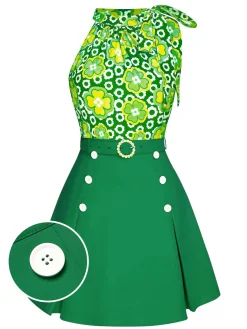 Best Retro Stage 2PCS 1960s Tie Neck Floral Top & Button Solid Skirt