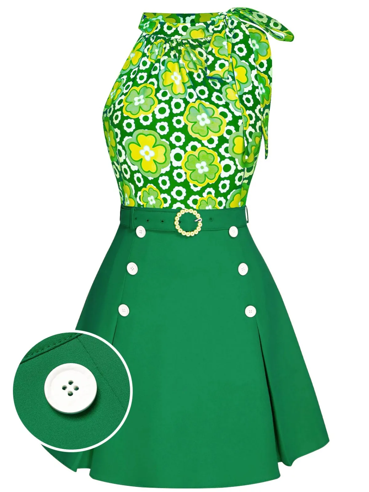 Best Retro Stage 2PCS 1960s Tie Neck Floral Top & Button Solid Skirt