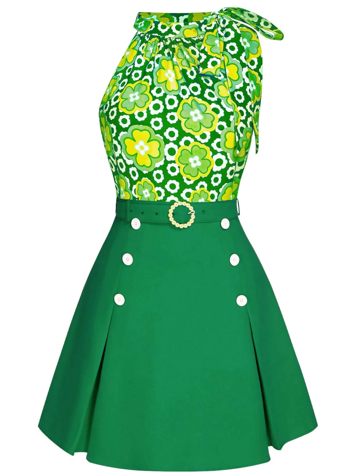 Best Retro Stage 2PCS 1960s Tie Neck Floral Top & Button Solid Skirt