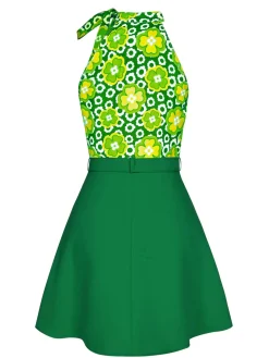 Best Retro Stage 2PCS 1960s Tie Neck Floral Top & Button Solid Skirt
