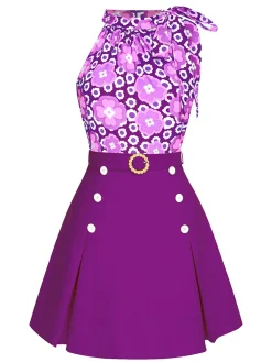 Best Retro Stage 2PCS 1960s Tie Neck Floral Top & Button Solid Skirt