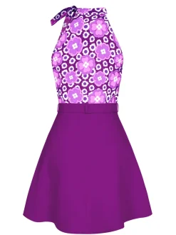 Best Retro Stage 2PCS 1960s Tie Neck Floral Top & Button Solid Skirt