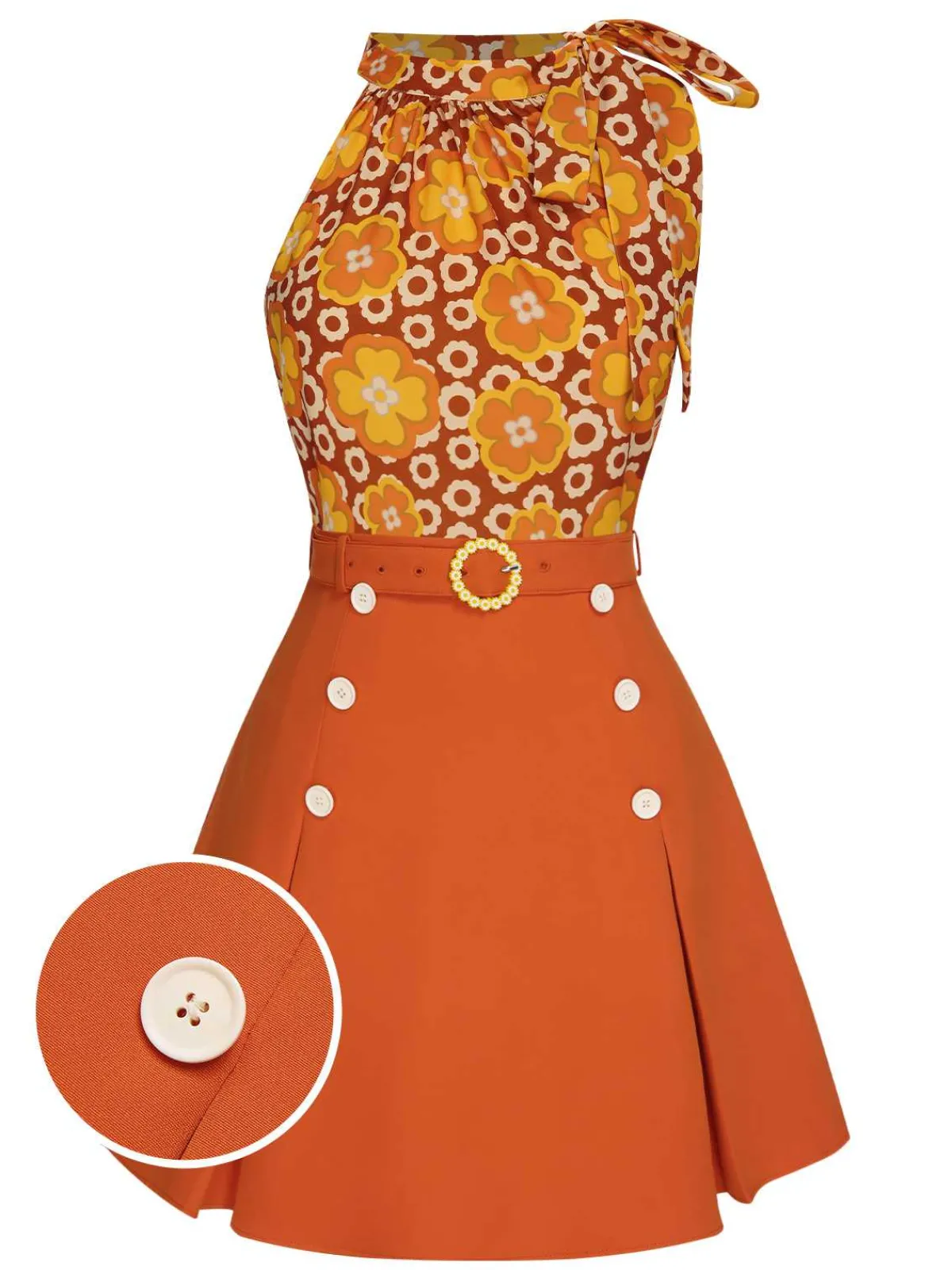 Best Retro Stage 2PCS 1960s Tie Neck Floral Top & Button Solid Skirt