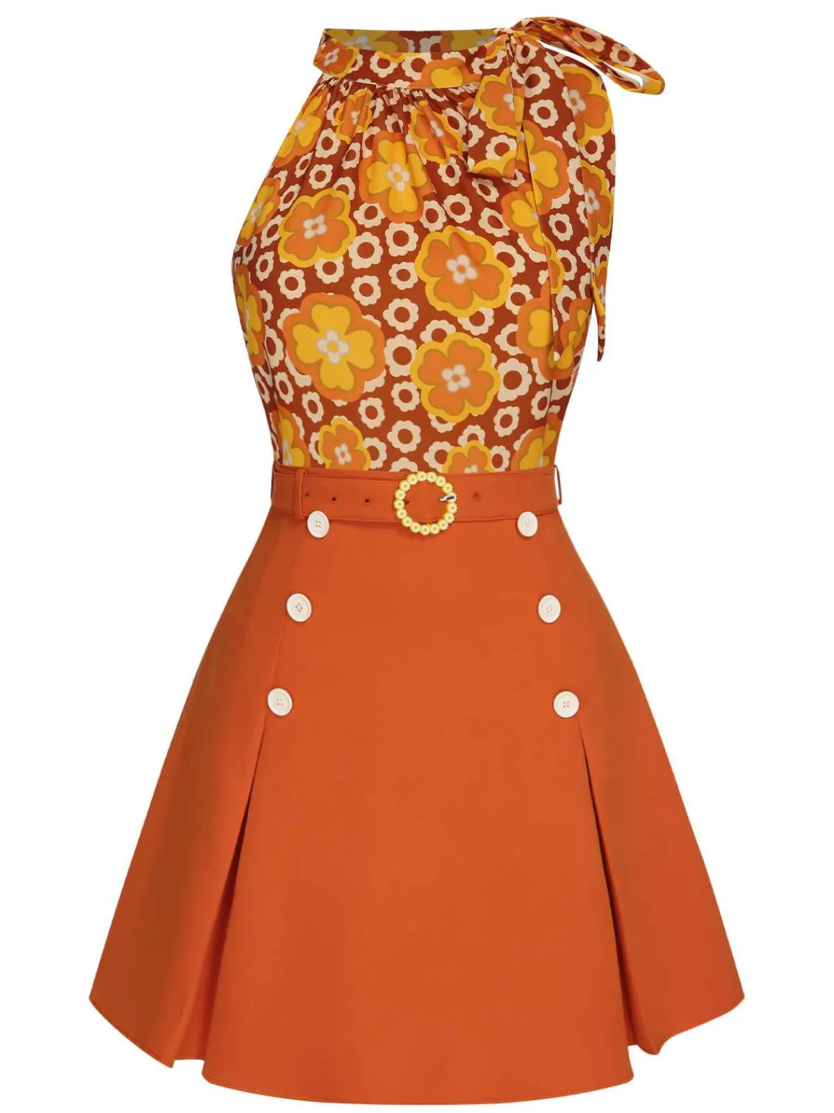 Best Retro Stage 2PCS 1960s Tie Neck Floral Top & Button Solid Skirt