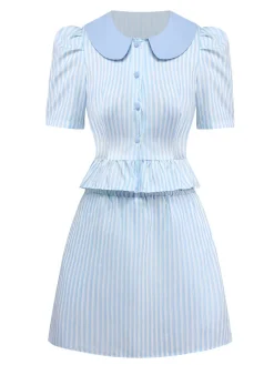 Best Retro Stage 2PCS 1960s Vertical Stripes Peter Pan Collar Blouse & Skirt