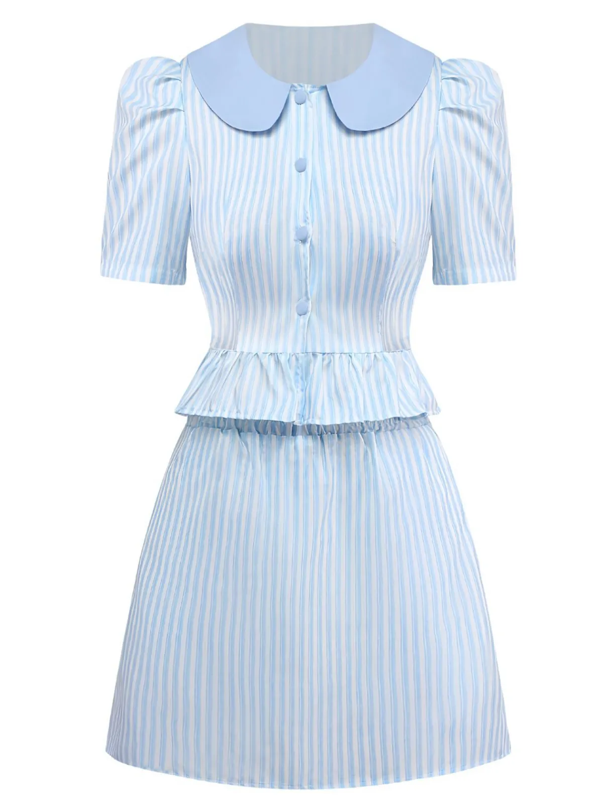 Best Retro Stage 2PCS 1960s Vertical Stripes Peter Pan Collar Blouse & Skirt