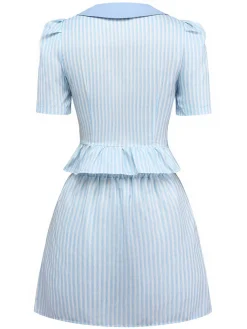 Best Retro Stage 2PCS 1960s Vertical Stripes Peter Pan Collar Blouse & Skirt