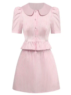 Best Retro Stage 2PCS 1960s Vertical Stripes Peter Pan Collar Blouse & Skirt