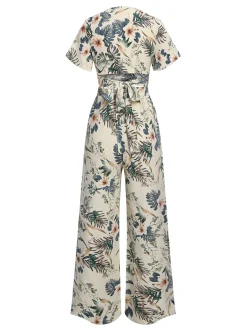 Best Retro Stage 2PCS 1930s V-Neck Floral Wrap Top & Wide-Leg Jumpsuit Multicolor
