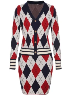 Discount Retro Stage 2PCS 1960s V-Neck Plaids Knitted Cardigan & Skirt Multicolor