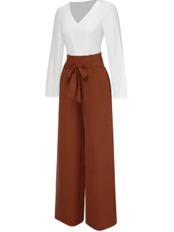 Sale Retro Stage 2PCS 1930s V-Neck Top & Wide Leg Lounge Pants Brick Red