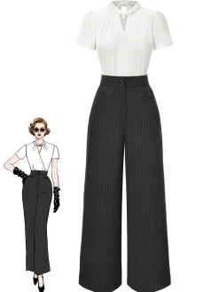 Best Retro Stage 2PCS 1930s White Satin Blouse & Gray Pinstripes Pants White & Dark Gray