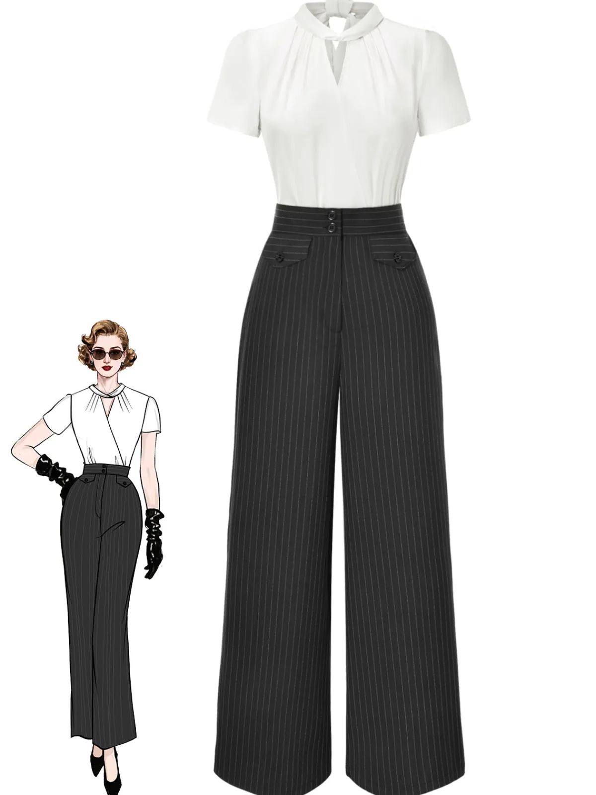 Best Retro Stage 2PCS 1930s White Satin Blouse & Gray Pinstripes Pants White & Dark Gray