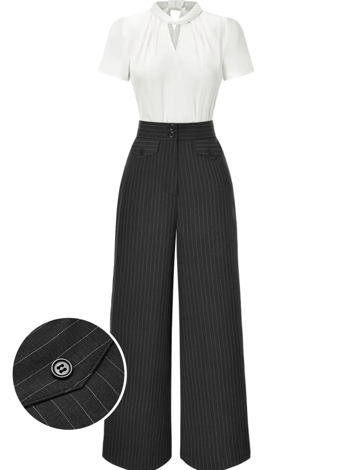 Best Retro Stage 2PCS 1930s White Satin Blouse & Gray Pinstripes Pants White & Dark Gray