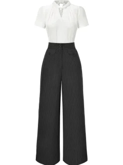 Best Retro Stage 2PCS 1930s White Satin Blouse & Gray Pinstripes Pants White & Dark Gray