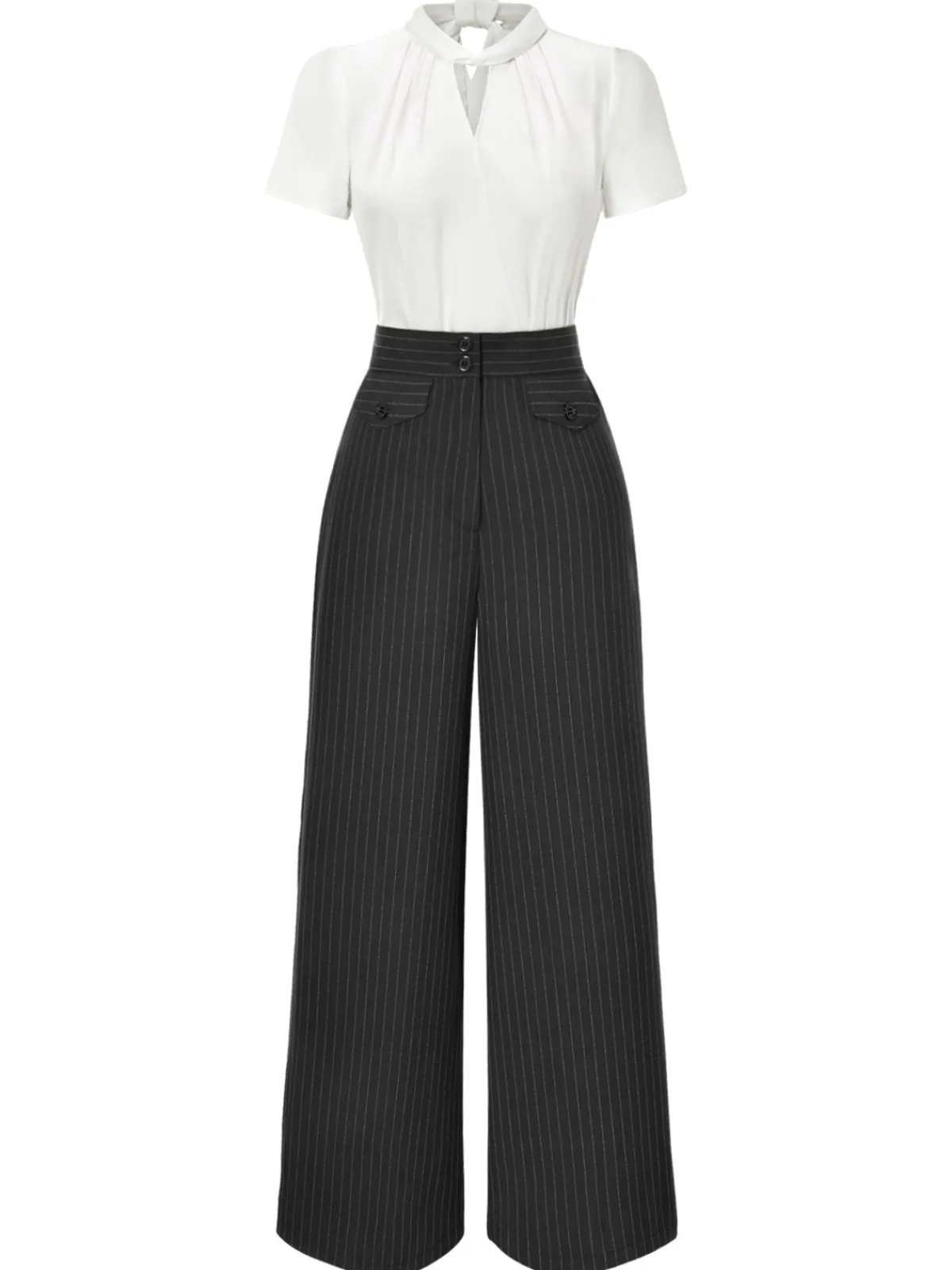 Best Retro Stage 2PCS 1930s White Satin Blouse & Gray Pinstripes Pants White & Dark Gray