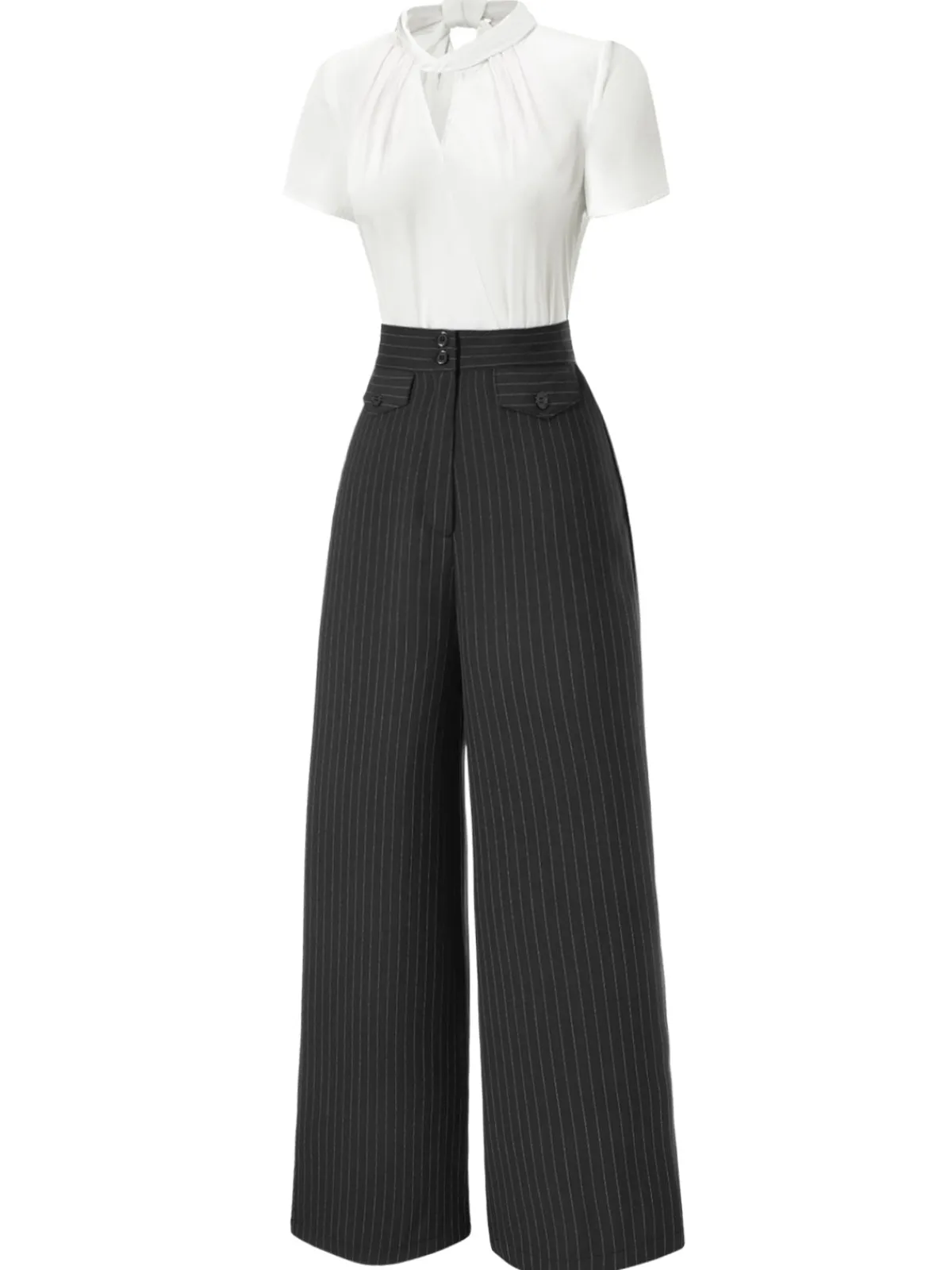 Best Retro Stage 2PCS 1930s White Satin Blouse & Gray Pinstripes Pants White & Dark Gray