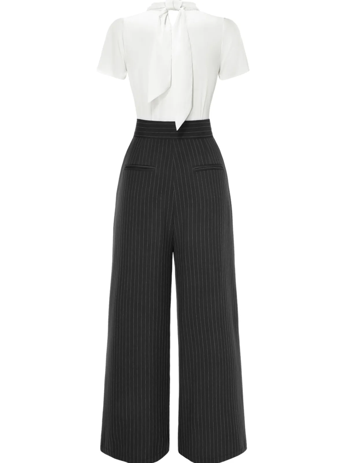 Best Retro Stage 2PCS 1930s White Satin Blouse & Gray Pinstripes Pants White & Dark Gray