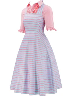 Discount Retro Stage 2PCS 1960s Wicked Solid Blouse & Irregular Stripes Dress Pink