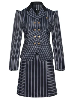 New Retro Stage 2PCS 1970s Wicked Vertical Striped Top & Patchwork Skirt Dark Blue