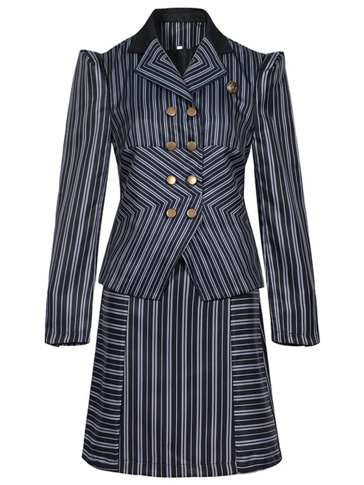 New Retro Stage 2PCS 1970s Wicked Vertical Striped Top & Patchwork Skirt Dark Blue