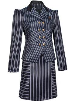 New Retro Stage 2PCS 1970s Wicked Vertical Striped Top & Patchwork Skirt Dark Blue