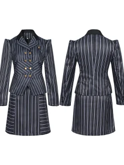 New Retro Stage 2PCS 1970s Wicked Vertical Striped Top & Patchwork Skirt Dark Blue