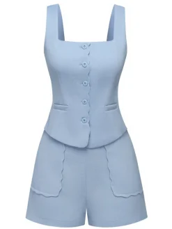 Outlet Retro Stage 2PCS 1960s Wide Strap Button Square Neck Top & Shorts Light Blue