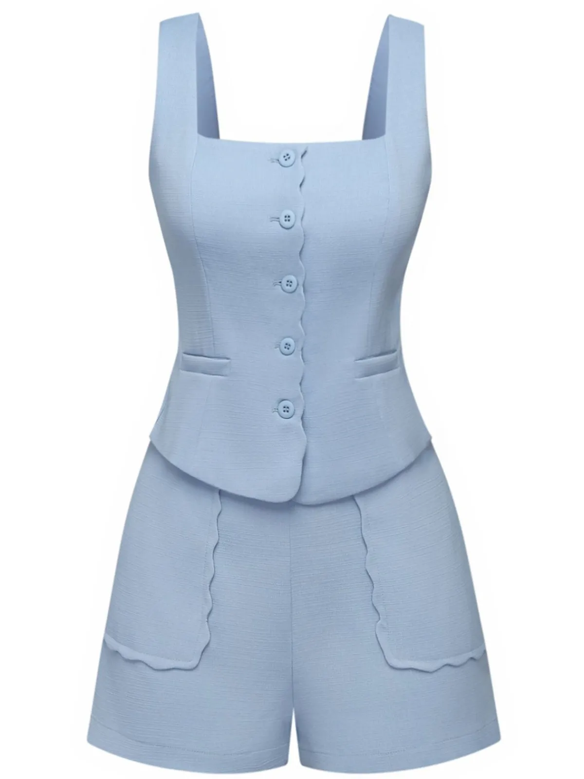 Outlet Retro Stage 2PCS 1960s Wide Strap Button Square Neck Top & Shorts Light Blue