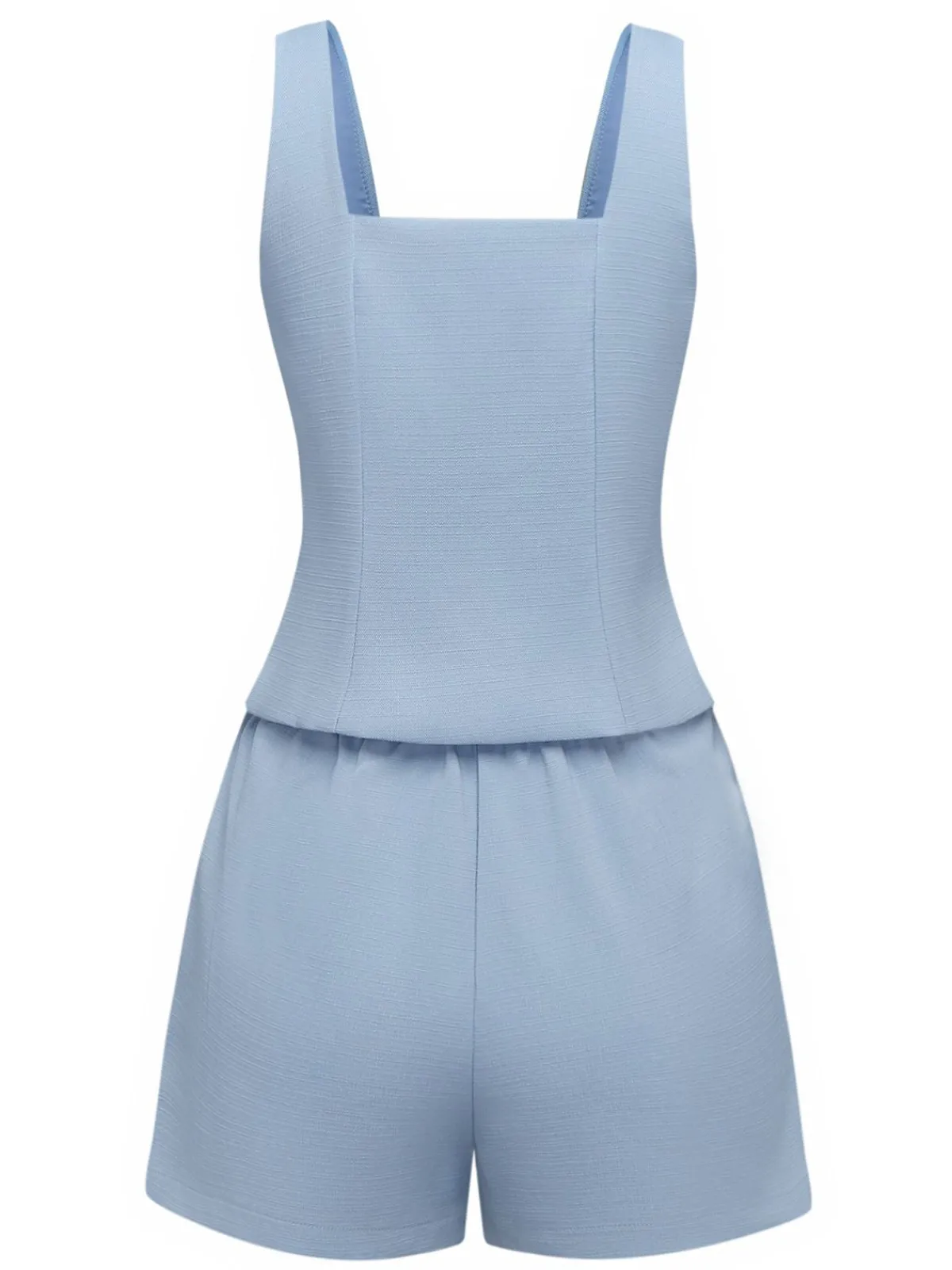 Outlet Retro Stage 2PCS 1960s Wide Strap Button Square Neck Top & Shorts Light Blue
