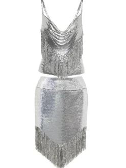 Clearance Retro Stage 2PCS 1980s Sequined Suspender Tassel Top & Skirt Silver