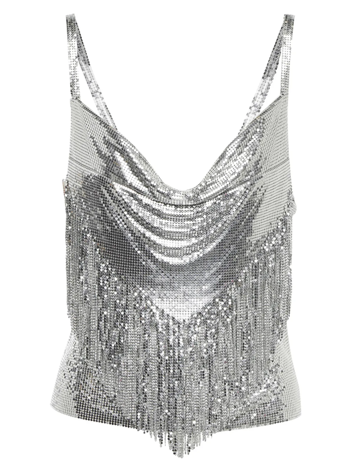 Clearance Retro Stage 2PCS 1980s Sequined Suspender Tassel Top & Skirt Silver