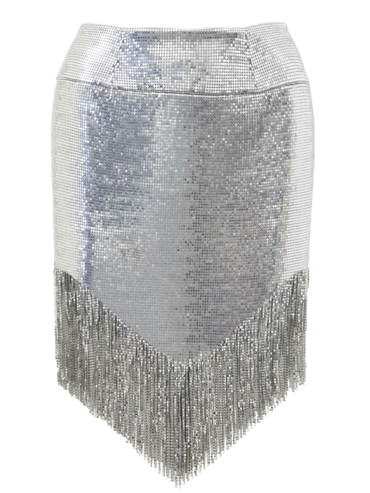 Clearance Retro Stage 2PCS 1980s Sequined Suspender Tassel Top & Skirt Silver