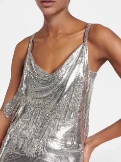 Clearance Retro Stage 2PCS 1980s Sequined Suspender Tassel Top & Skirt Silver