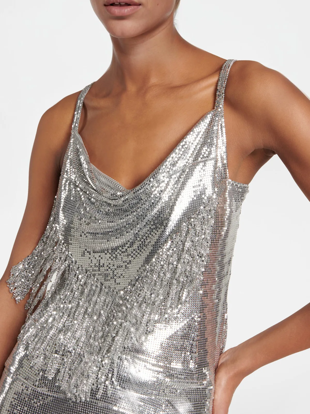 Clearance Retro Stage 2PCS 1980s Sequined Suspender Tassel Top & Skirt Silver