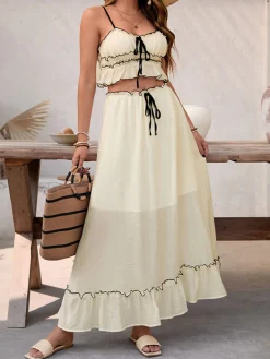 Sale Retro Stage 2PCS 1930s Chiffon Cami & Ruffled Long Skirt White