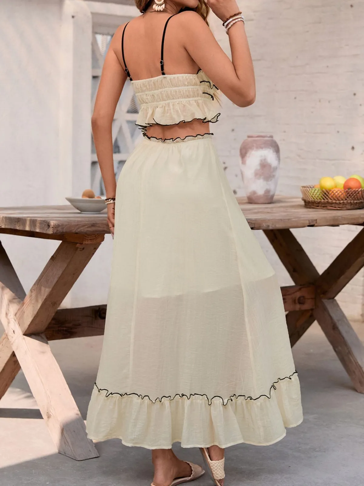Sale Retro Stage 2PCS 1930s Chiffon Cami & Ruffled Long Skirt White