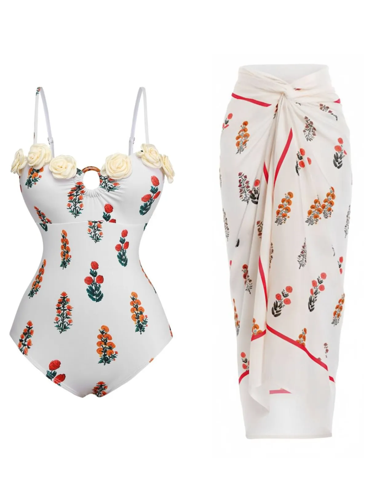 Outlet Retro Stage 2PCS 1960s 3D-Flower Spaghetti Straps Swimsuit & Cover-Up White