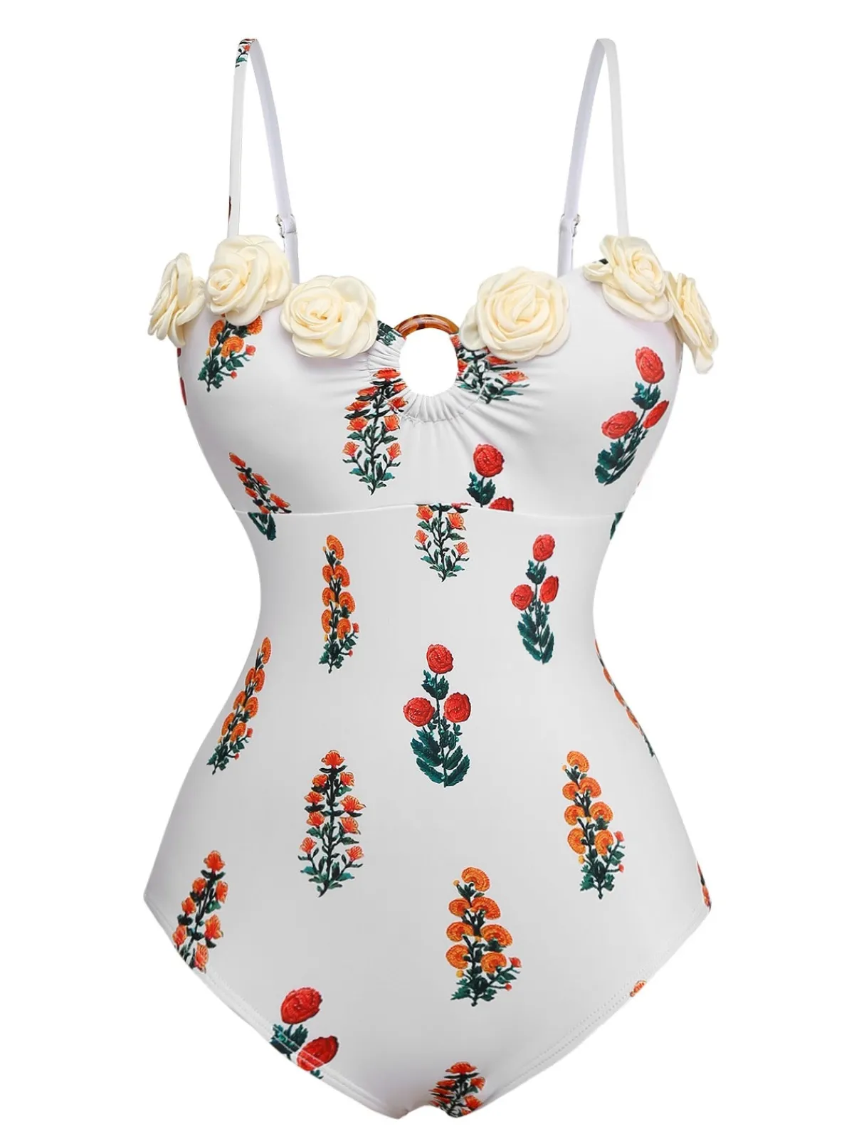 Outlet Retro Stage 2PCS 1960s 3D-Flower Spaghetti Straps Swimsuit & Cover-Up White