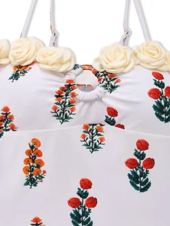 Outlet Retro Stage 2PCS 1960s 3D-Flower Spaghetti Straps Swimsuit & Cover-Up White
