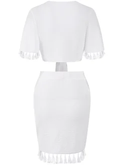 Outlet Retro Stage 2PCS 1960s Solid Tassels Bind Top & Pencil Skirt White