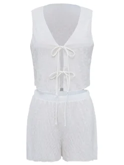 Online Retro Stage 2PCS 1950s Solid Tie-Front Crop Cover-Up White