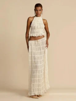 Best Retro Stage 2PCS 1970s Wrinkle Halter Backless Top & Skirts White